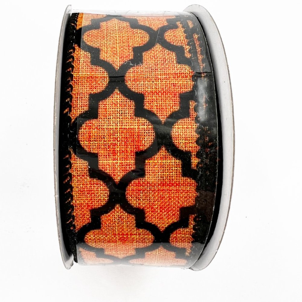 NEW Wired Ribbon Orange & Black Flocked Quatrefoil 1.5"